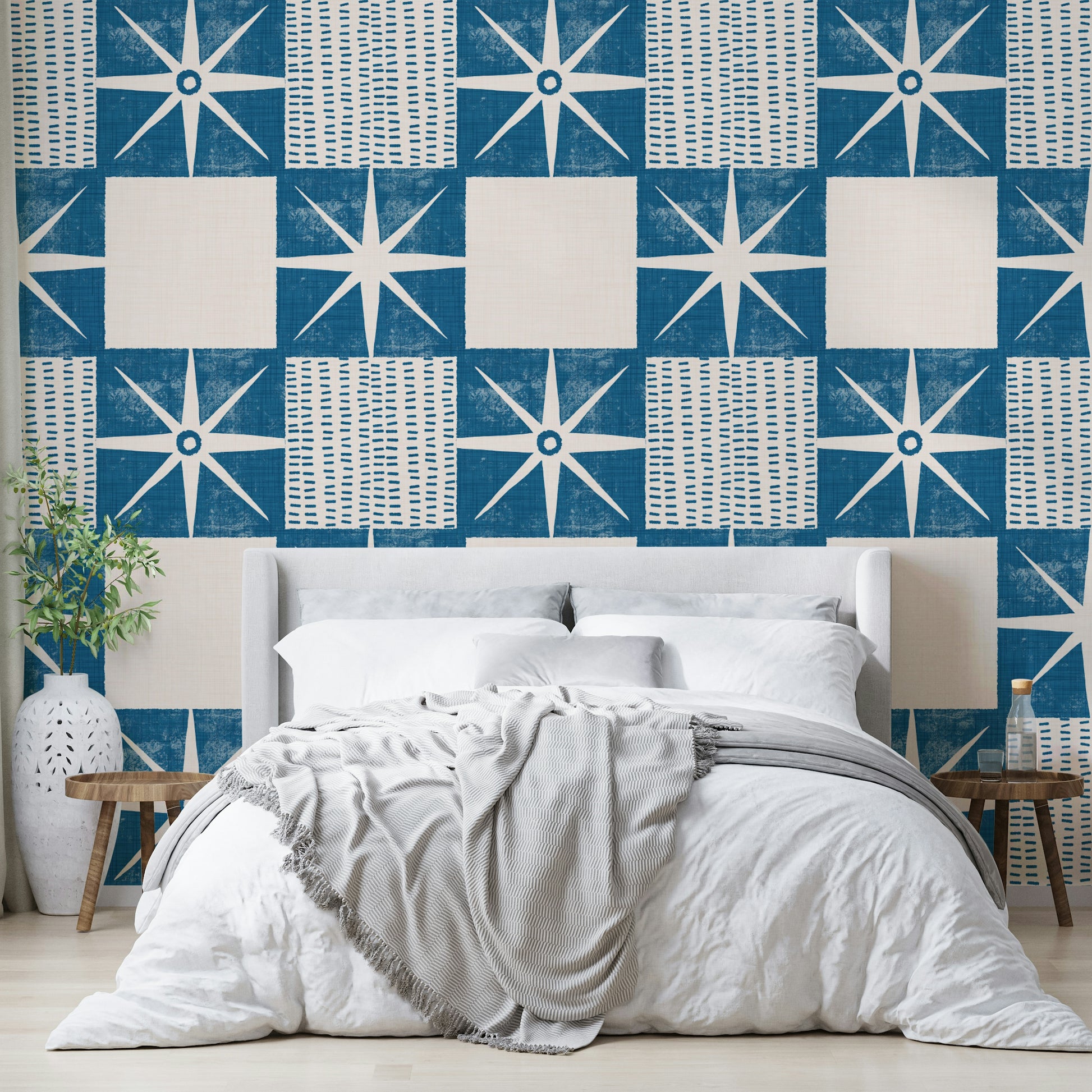 Indigo mid century starburst wallpaper

