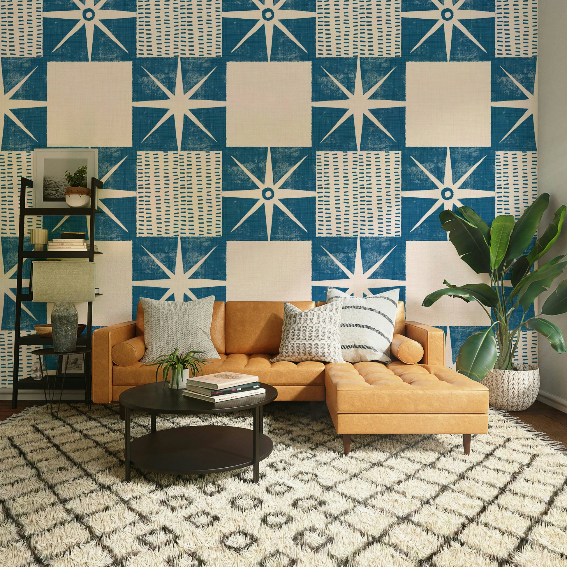 Indigo starburst wallpaper quilt block

