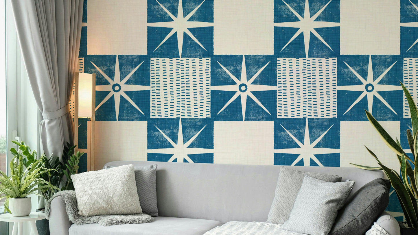 Retro starburst wallpaper indigo blue

