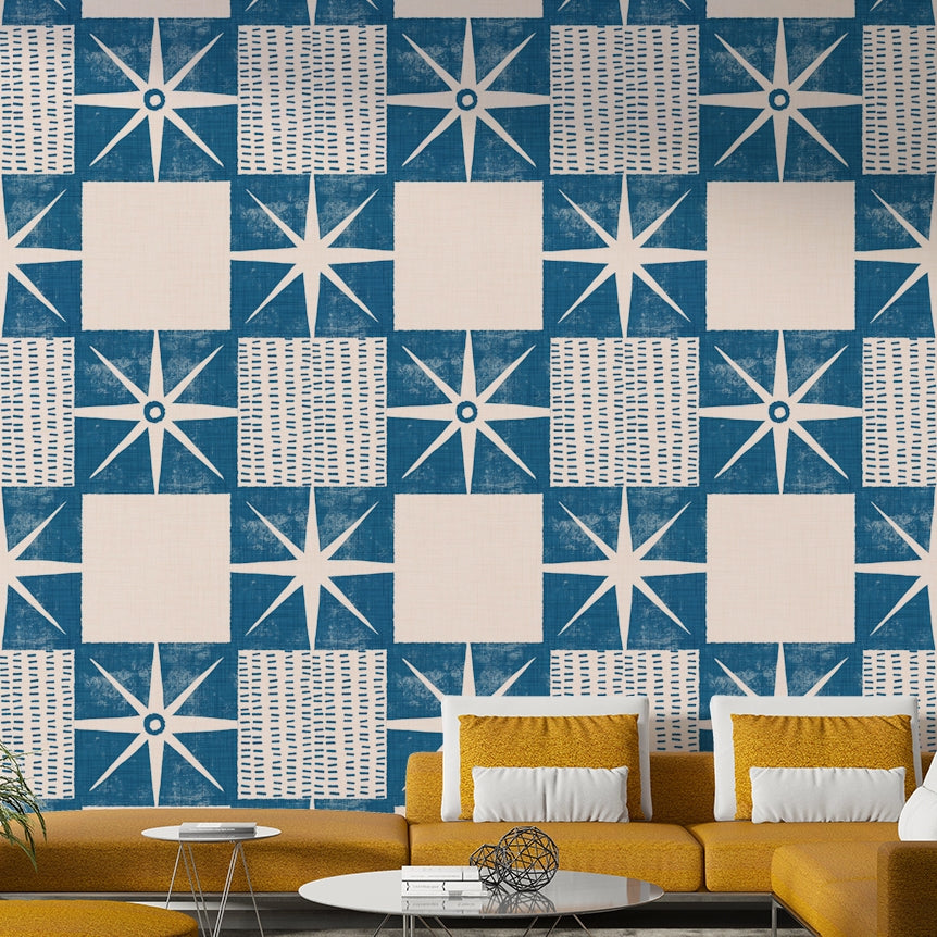 Starburst quilt block wallpaper indigo

