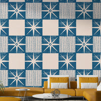 Starburst quilt block wallpaper indigo

