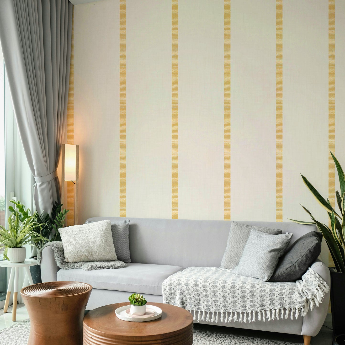 Beige wallpaper with golden ocher stripes

