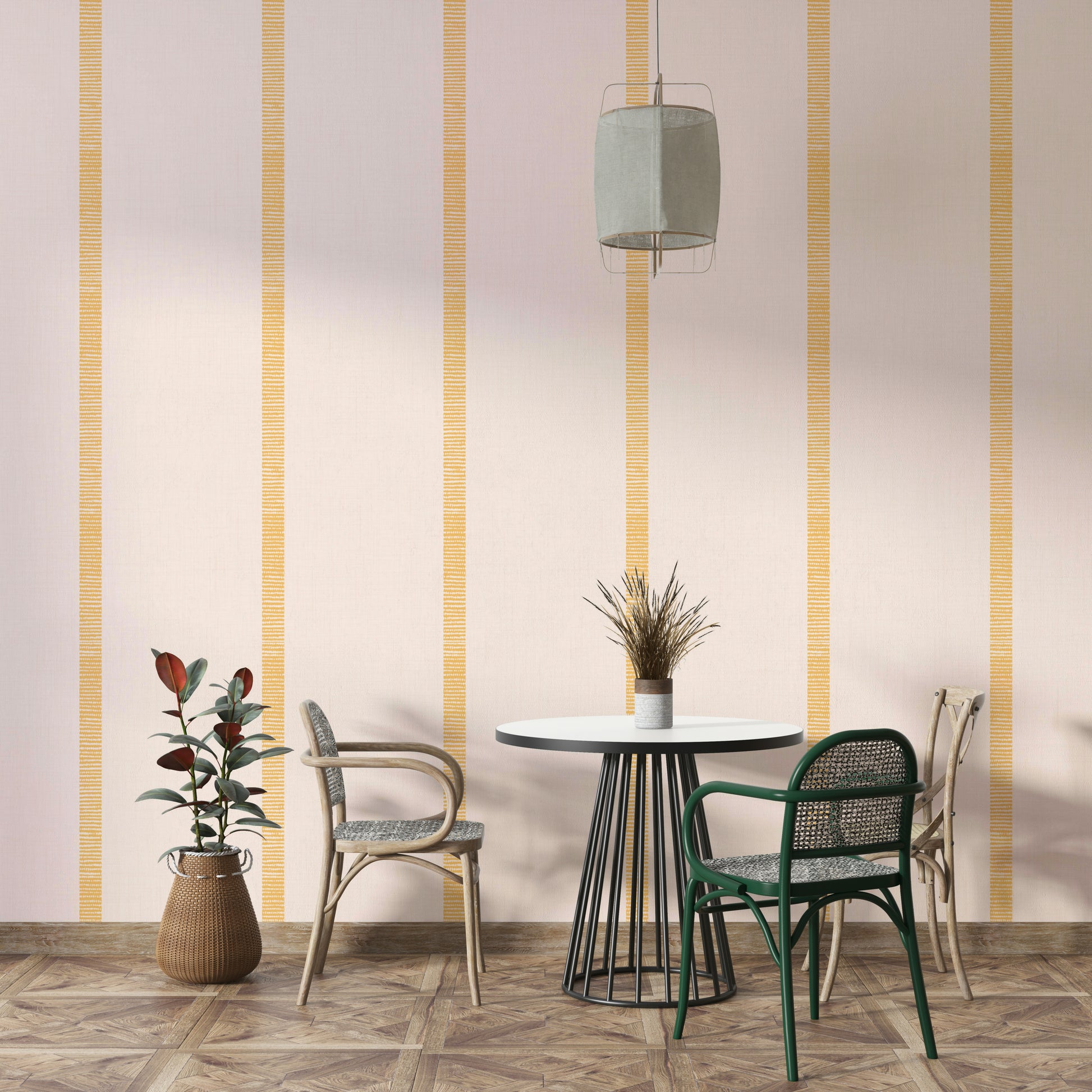 Striped wallpaper beige golden ocher design

