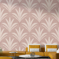 Mauve wallpaper with rustic palm art

