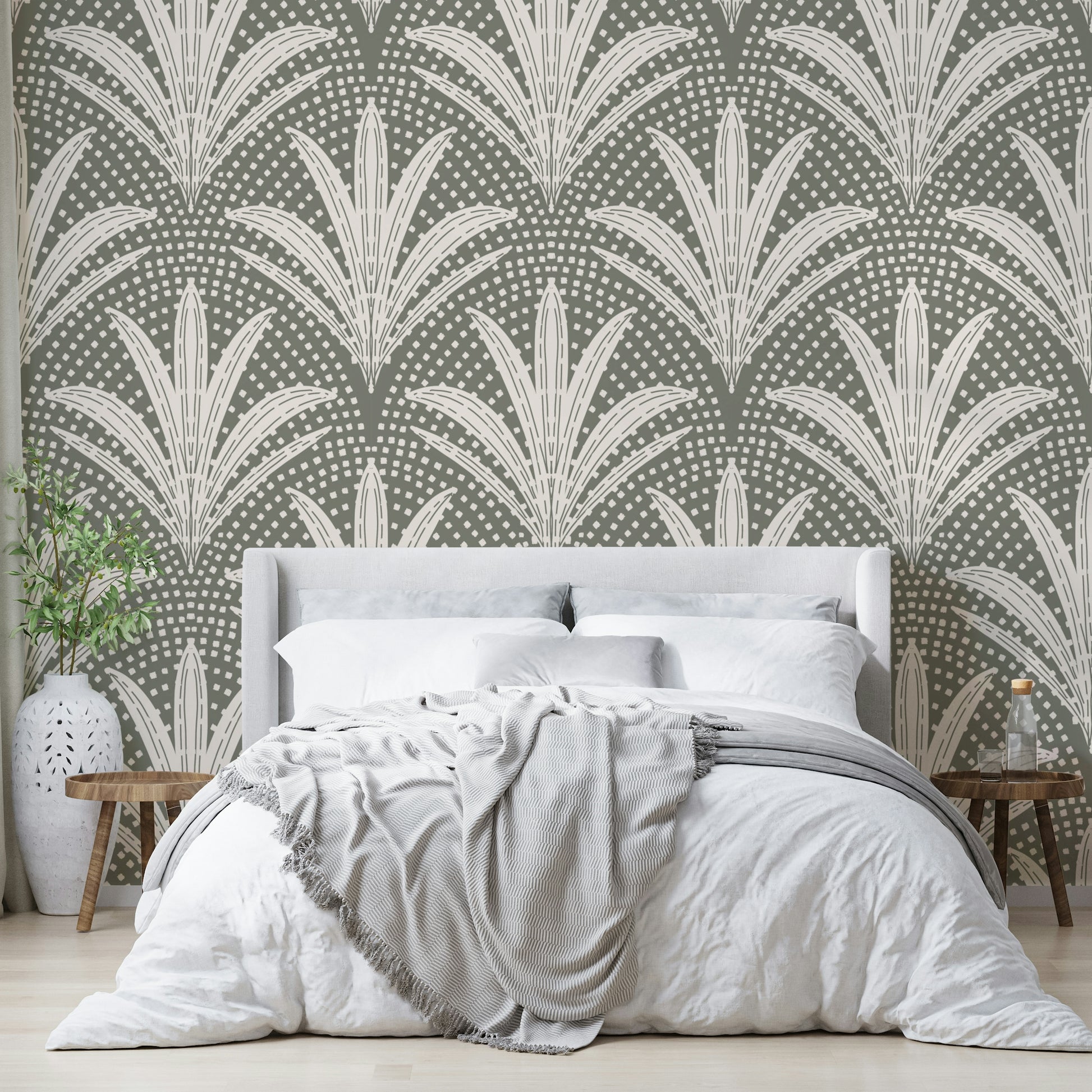Rustic boho palm leaf wallpaper muted grey

