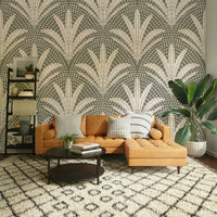 Muted grey wallpaper with rustic palm motif

