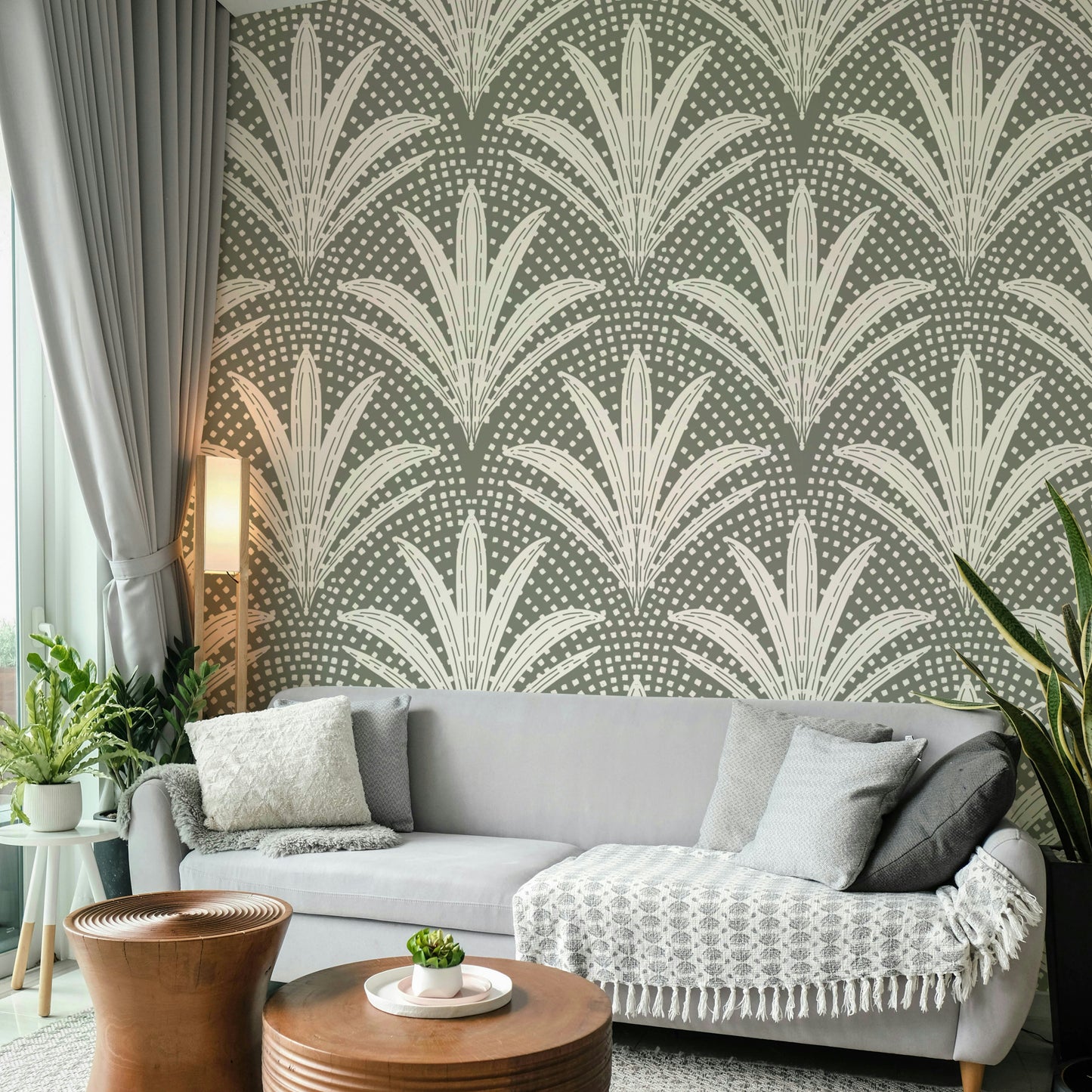 Boho rustic wallpaper with muted grey palms

