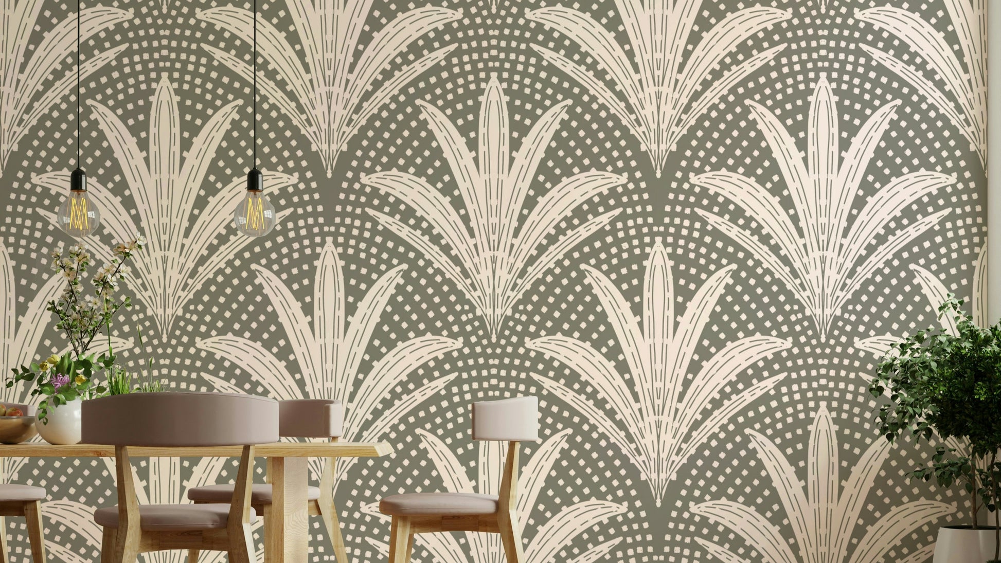 Rustic muted grey wallpaper with palm art

