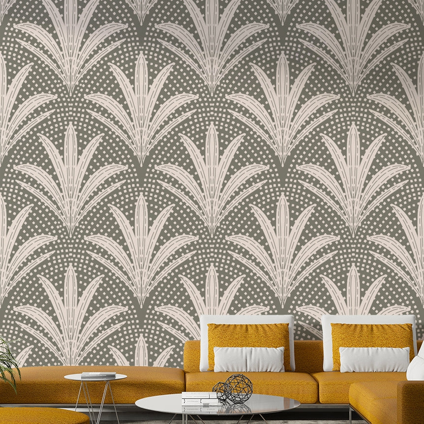Muted grey palm leaf wallpaper boho rustic

