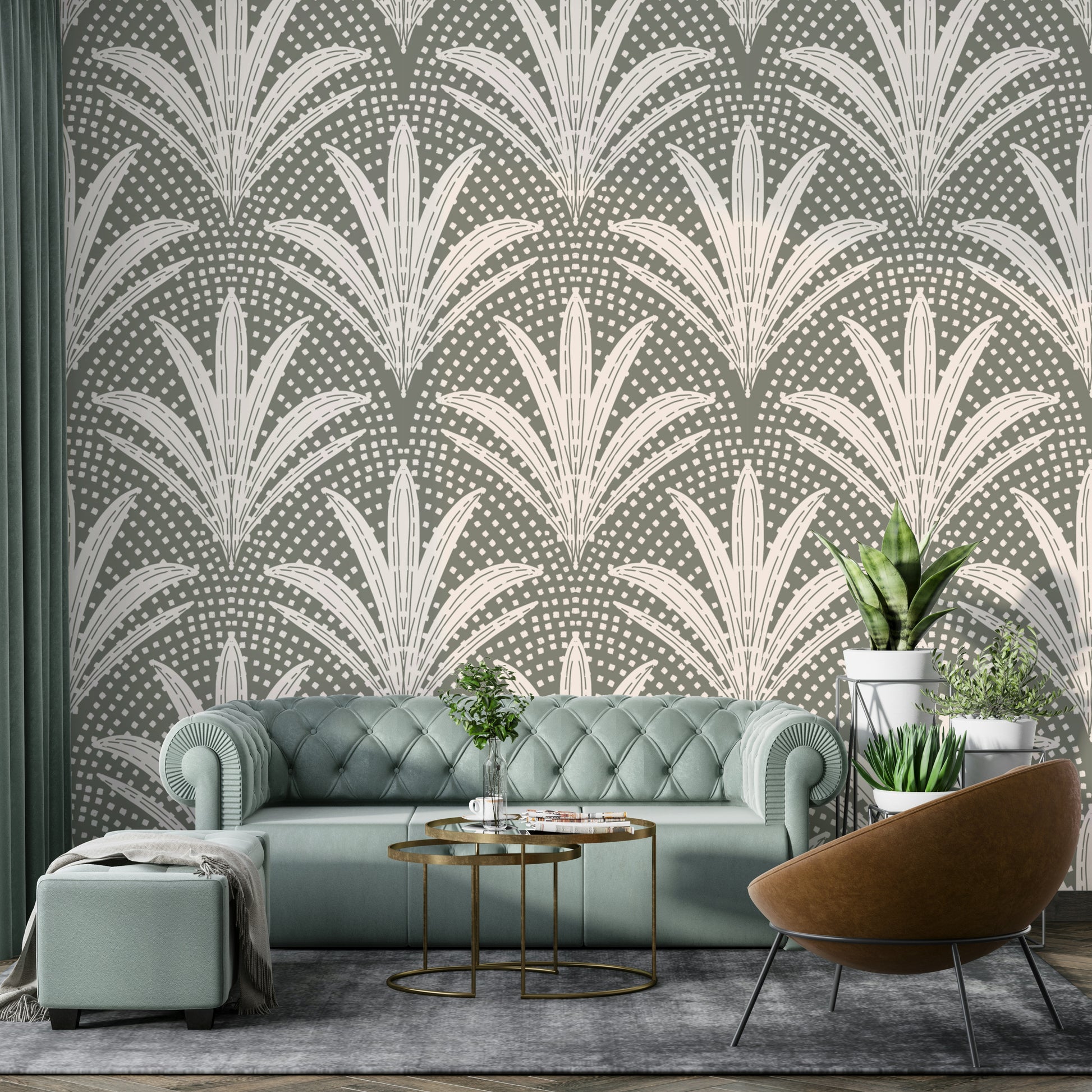 Boho style muted grey palm leaf wallpaper

