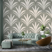 Boho style muted grey palm leaf wallpaper

