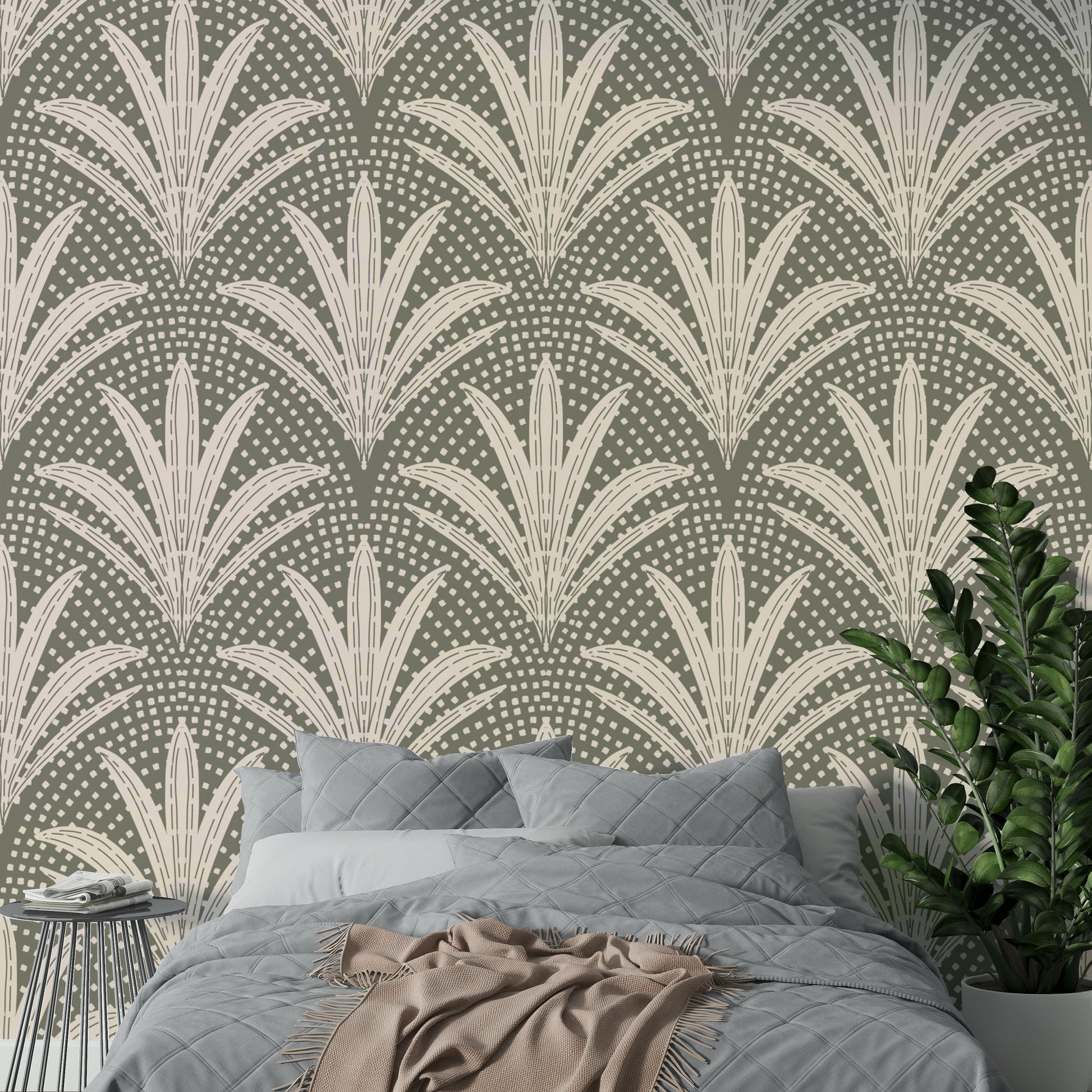 Boho rustic palm muted grey wallpaper

