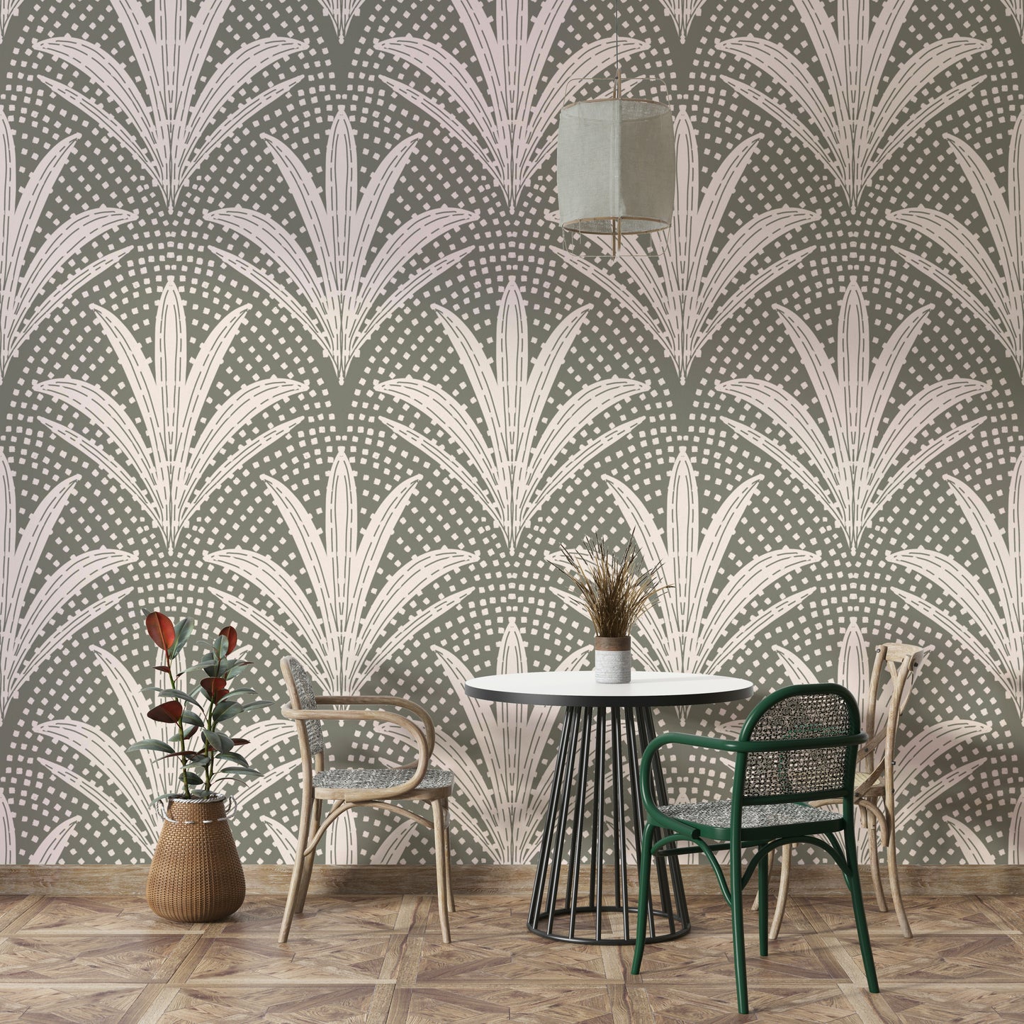 Muted grey wallpaper with boho palm design

