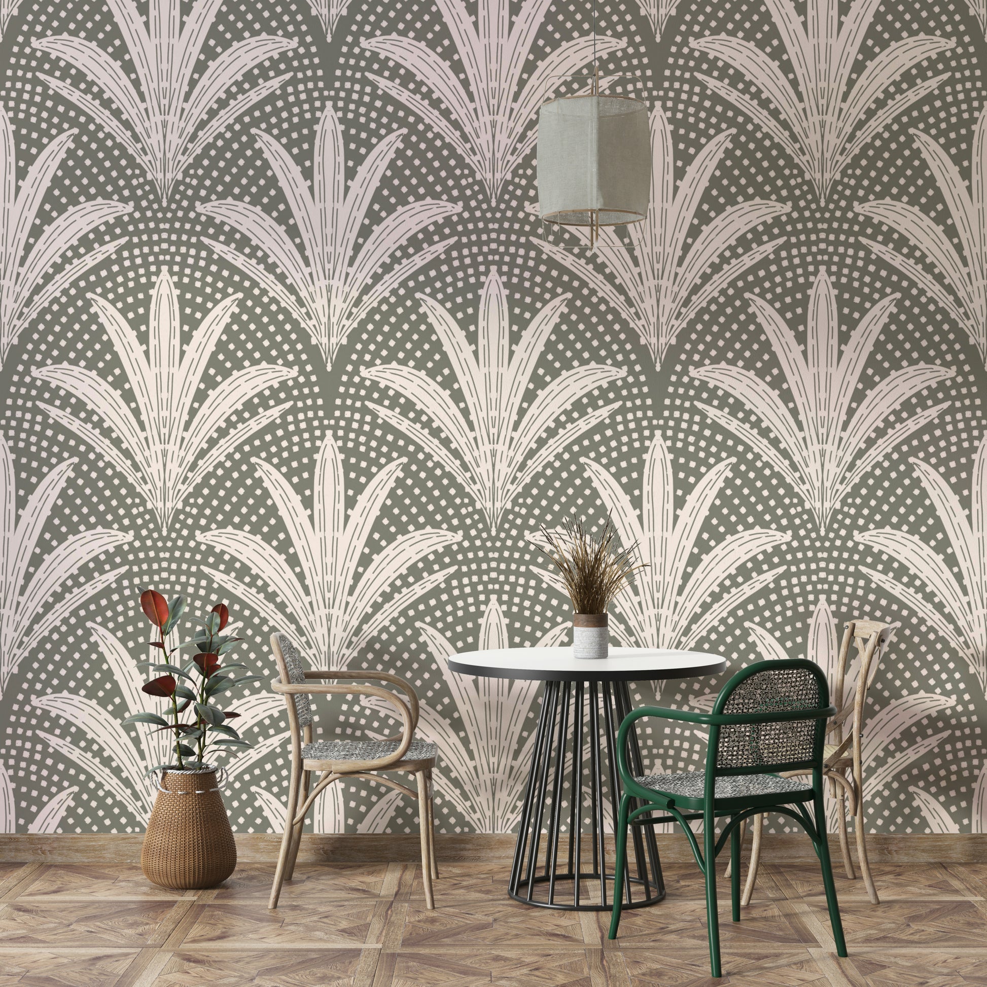 Muted grey wallpaper with boho palm design


