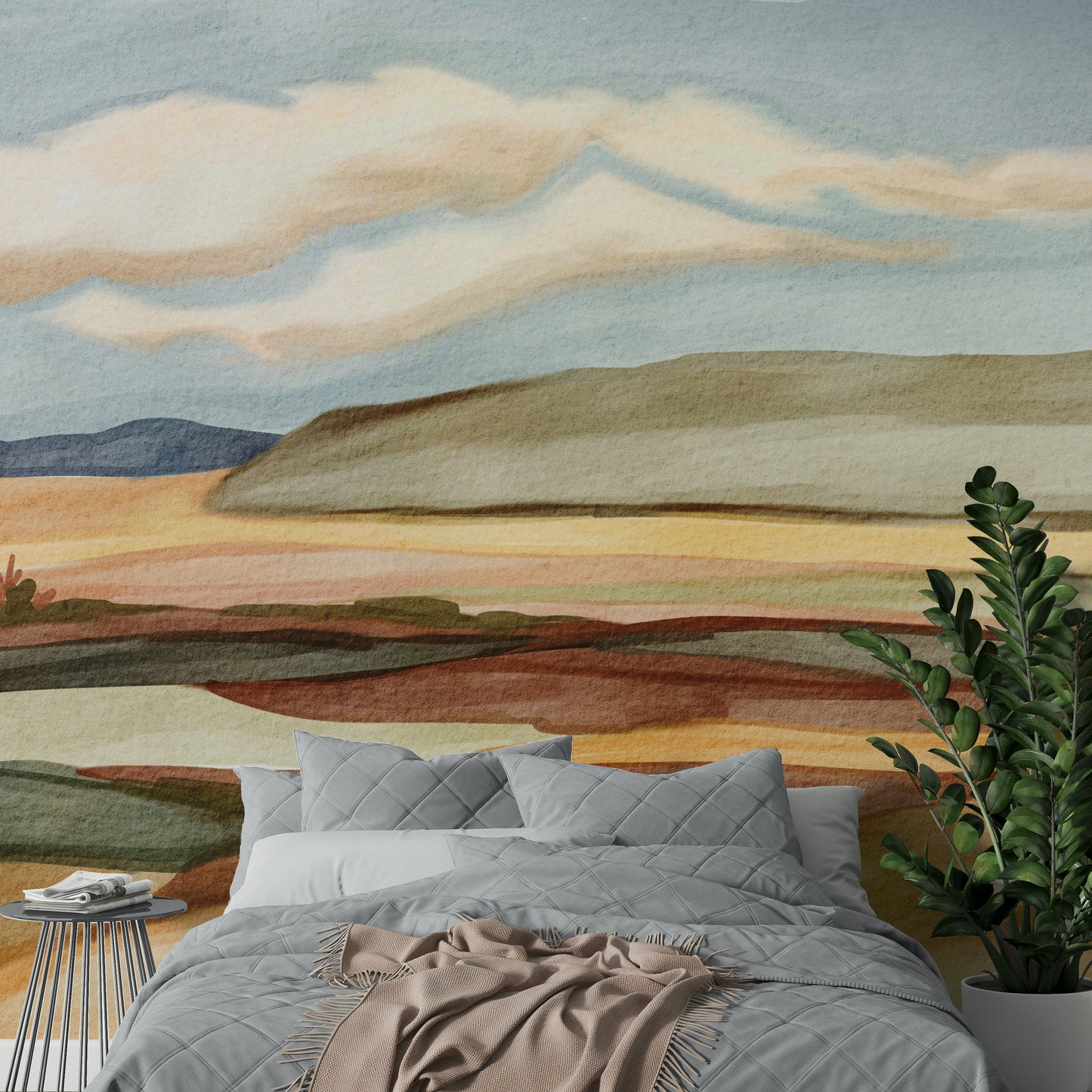 Living room accent with desert-inspired wallpaper

