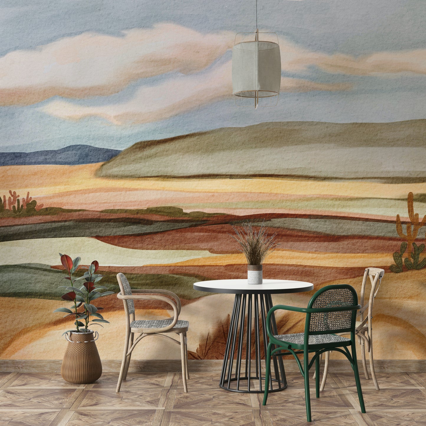 Bedroom decorated with desert dune wallpaper

