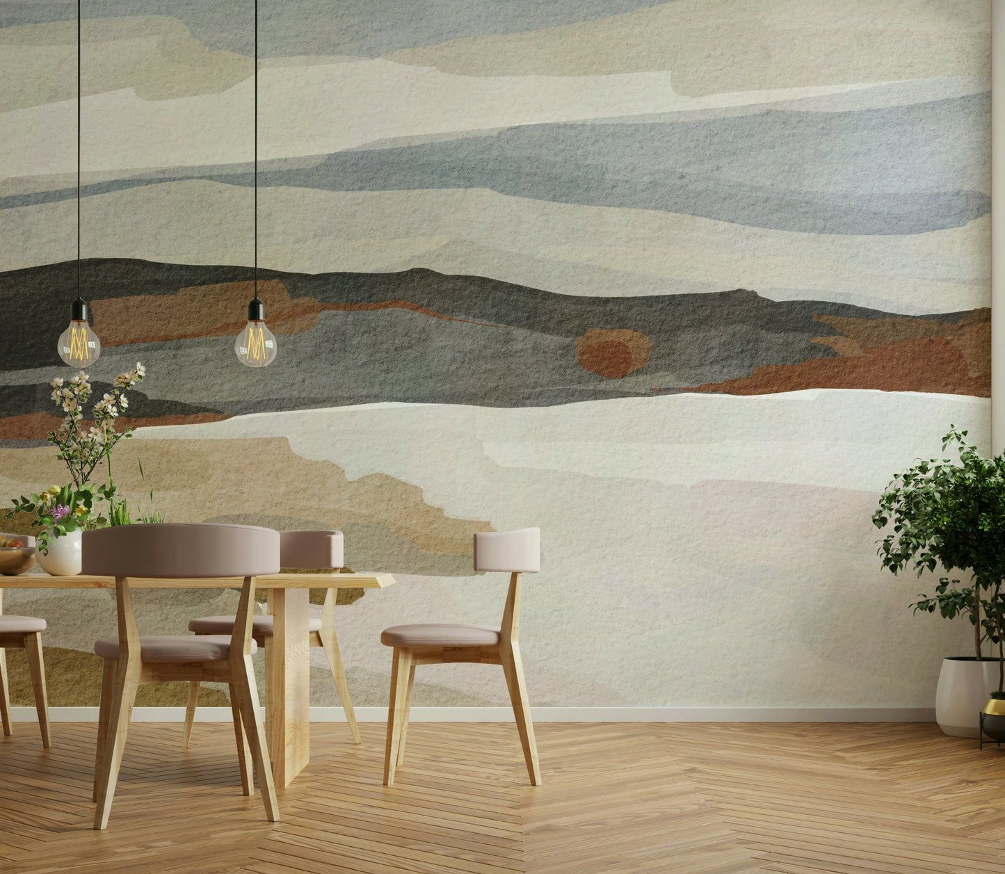 Muted gray and blue mountain mural wallpaper


