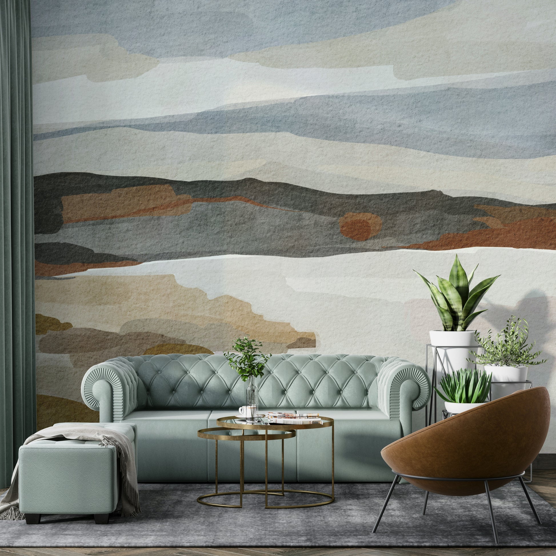 Living room accent with natural-inspired mural

