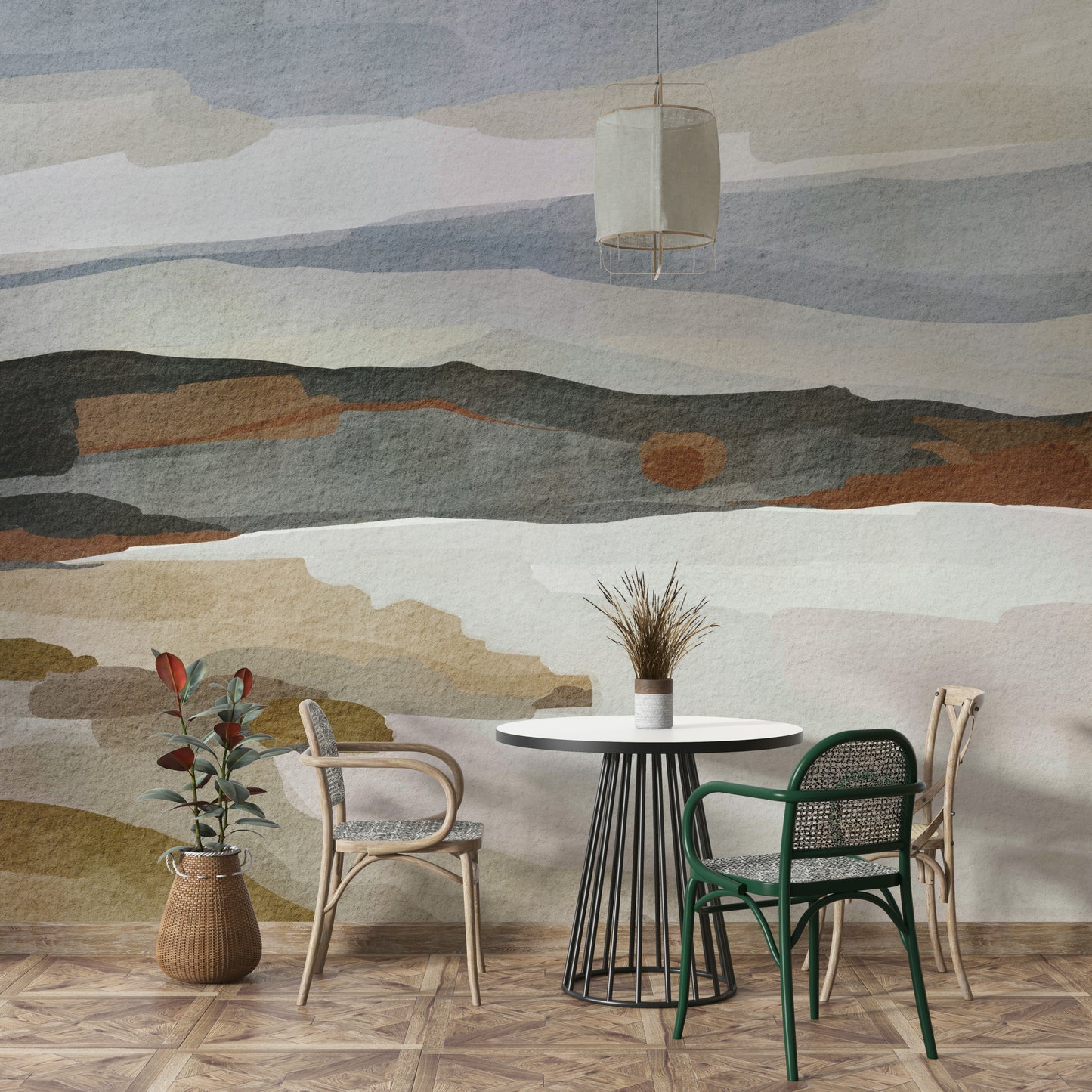 Bedroom decorated with abstract mountain mural

