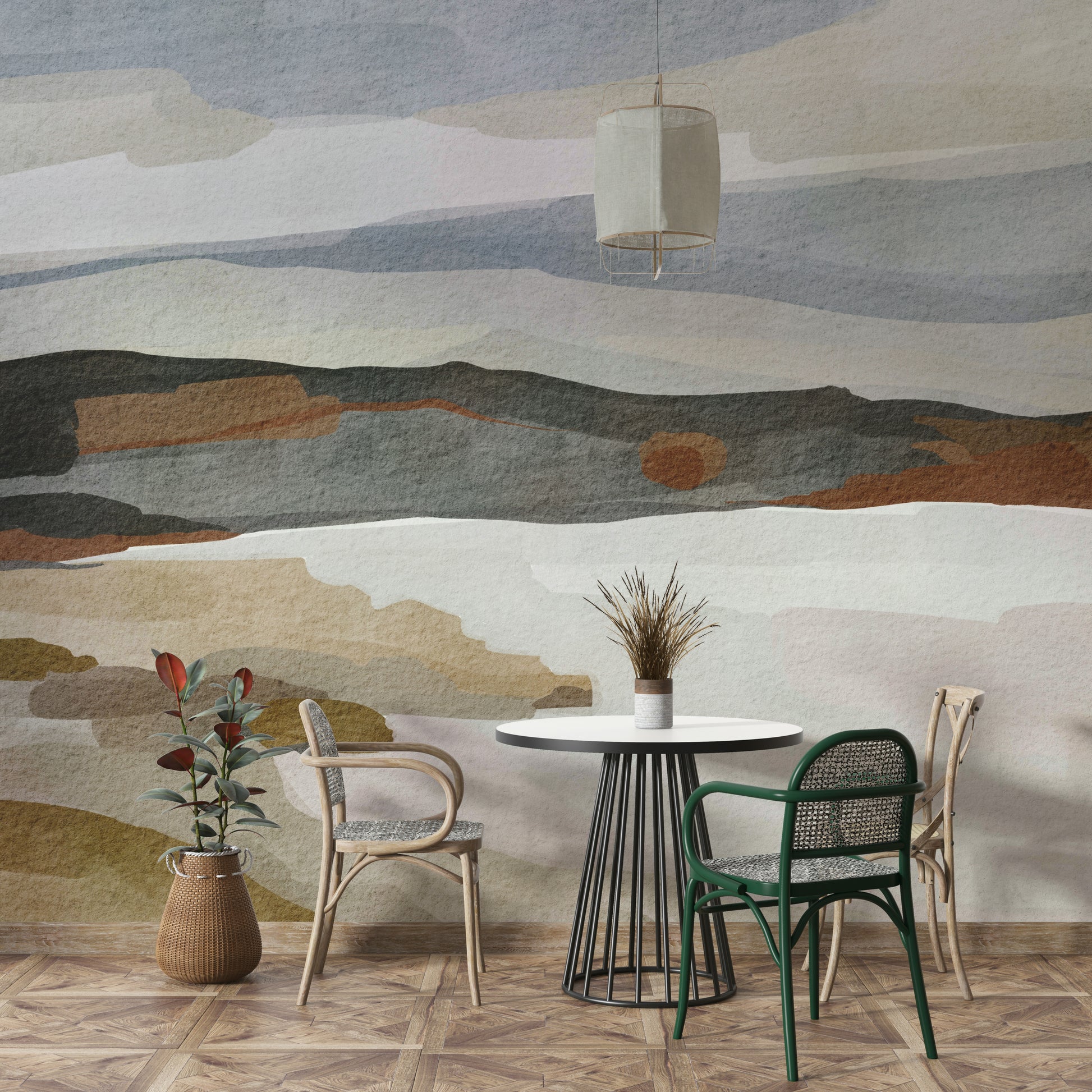 Bedroom decorated with abstract mountain mural

