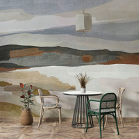 Bedroom decorated with abstract mountain mural

