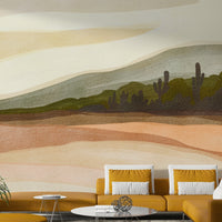 Bedroom decorated with abstract desert mural

