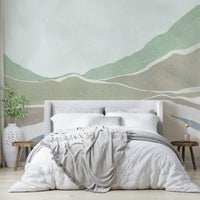 Living room accent with peaceful hills wallpaper

