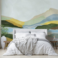 Bedroom decorated with warm hills wallpaper

