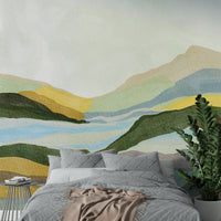 Living room accent with sunset landscape mural

