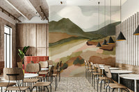 Bedroom decorated with abstract mountainscape mural

