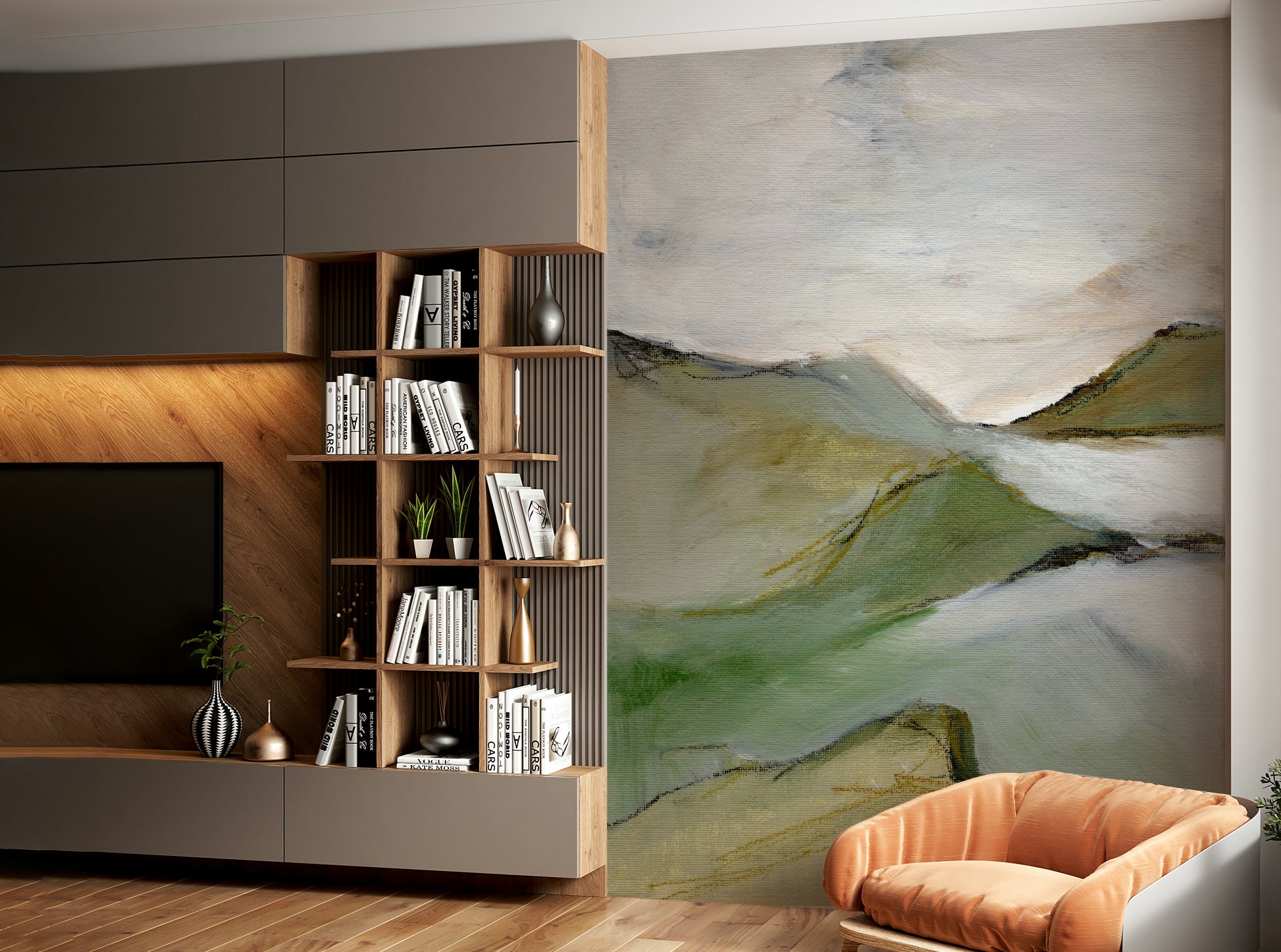 Bedroom decorated with subtle landscape mural

