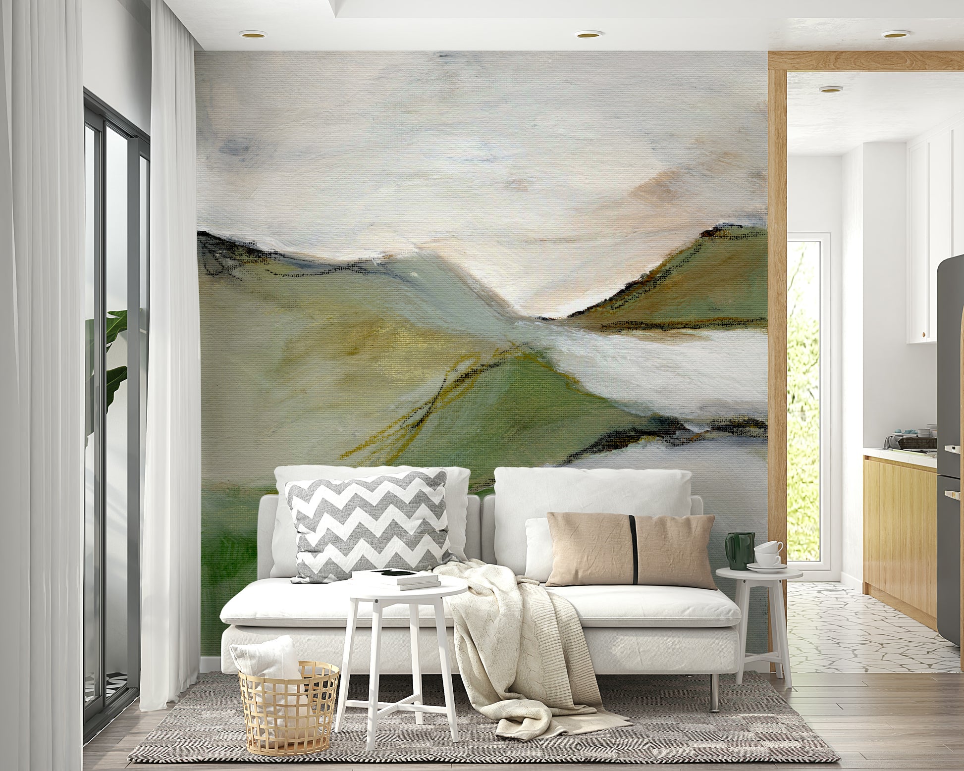 Living room accent with natural scenery mural

