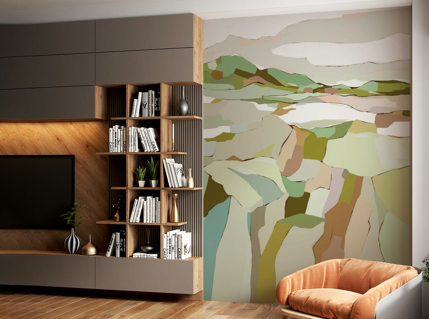 Bedroom decorated with serene landscape mural

