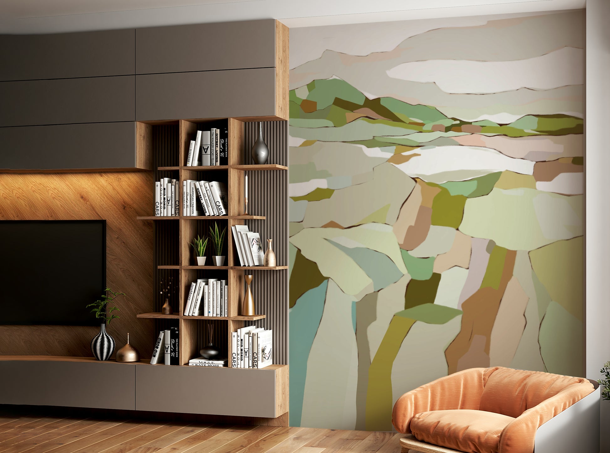 Bedroom decorated with serene landscape mural

