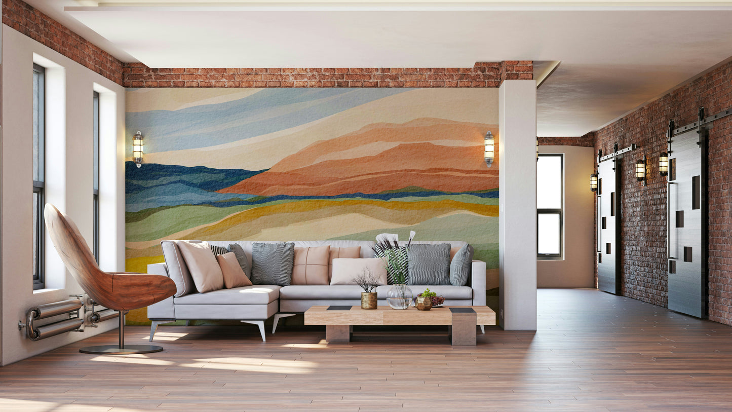 Easy-install sunset hills landscape wall mural

