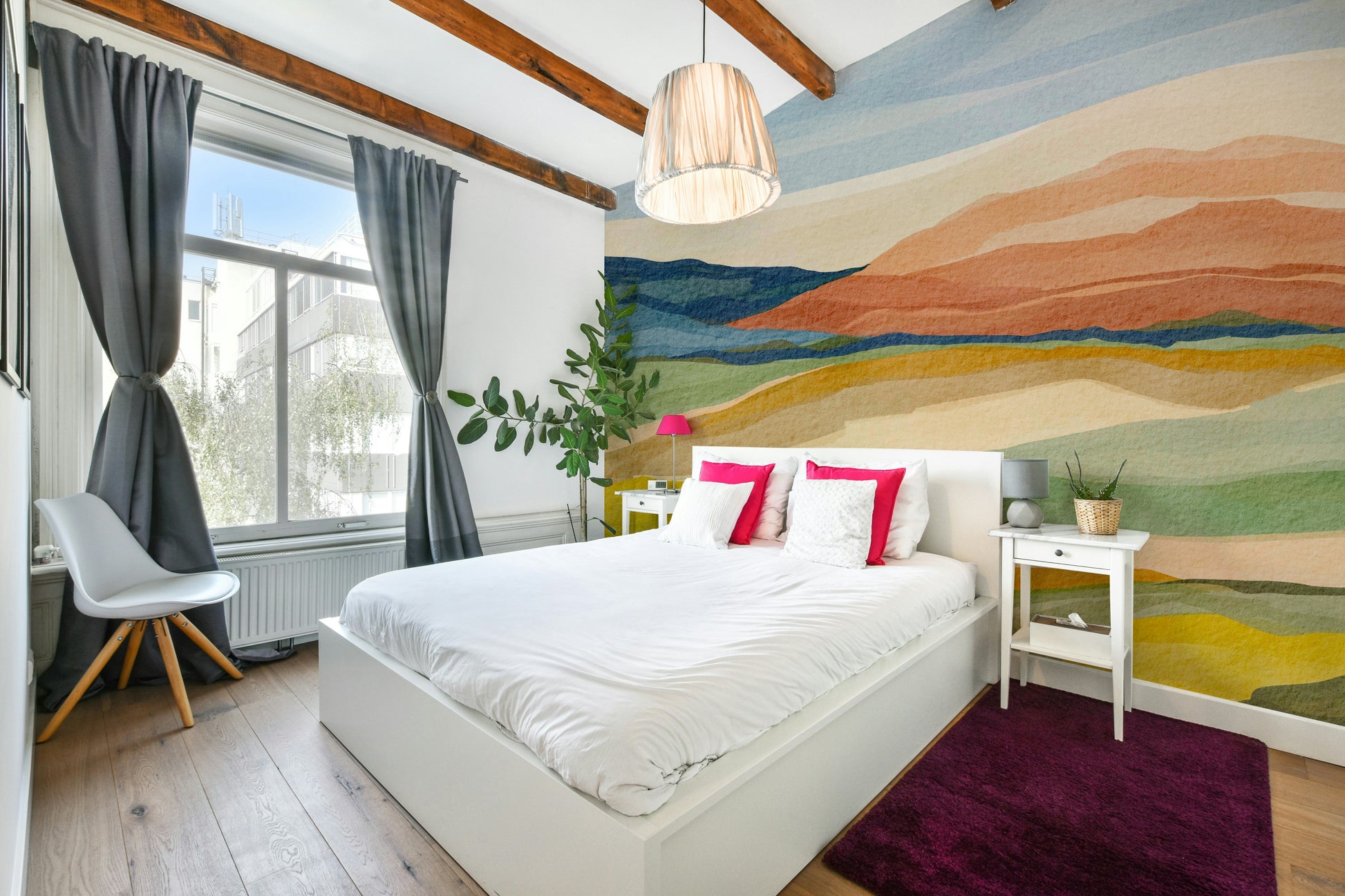 Living room accent with natural sunset wallpaper

