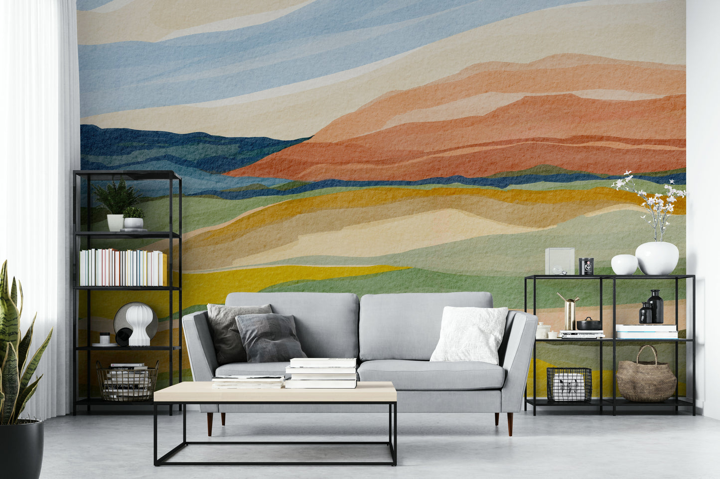 Bedroom decorated with warm sunset mural wallpaper

