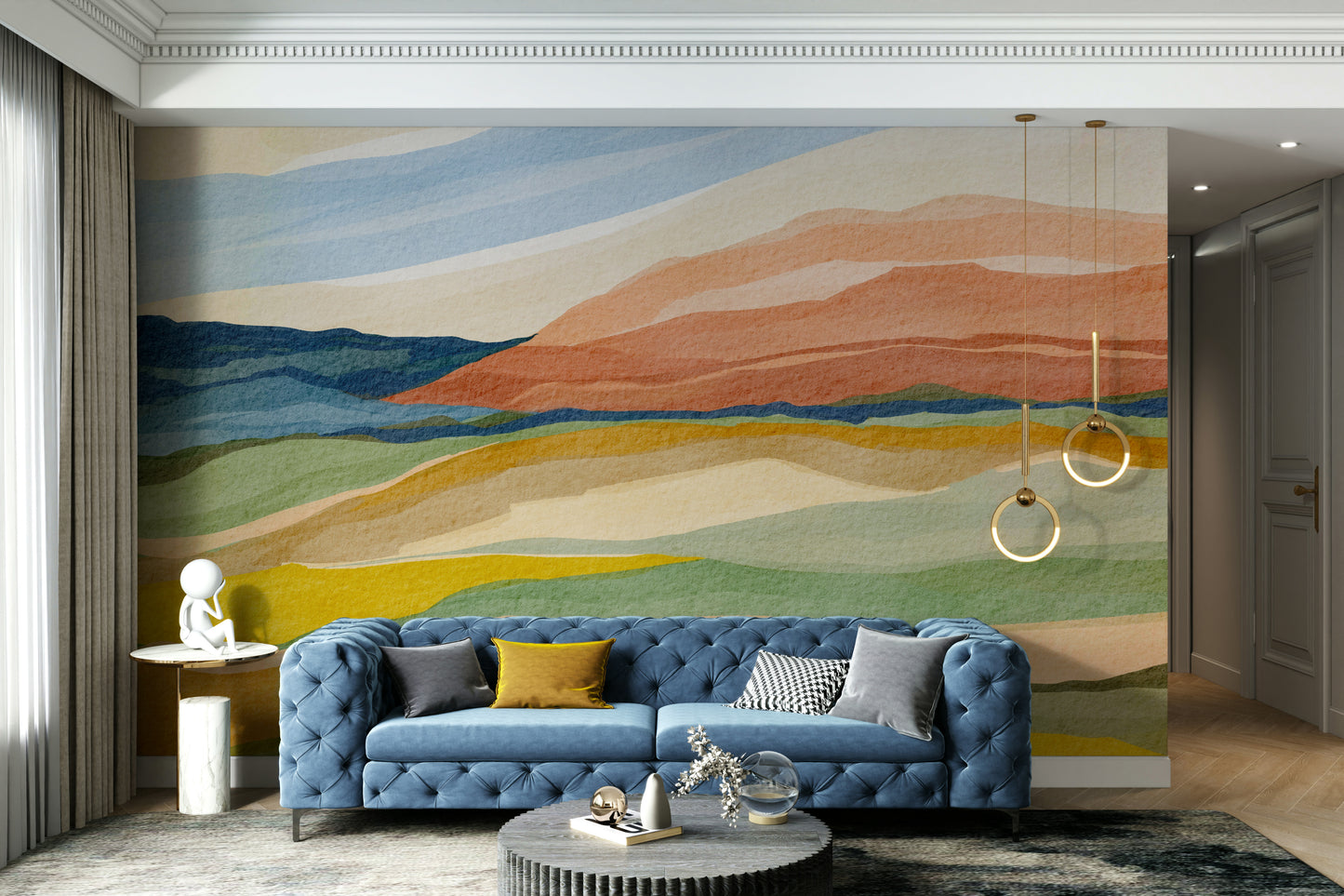 Wall mural featuring sunset over rolling hills

