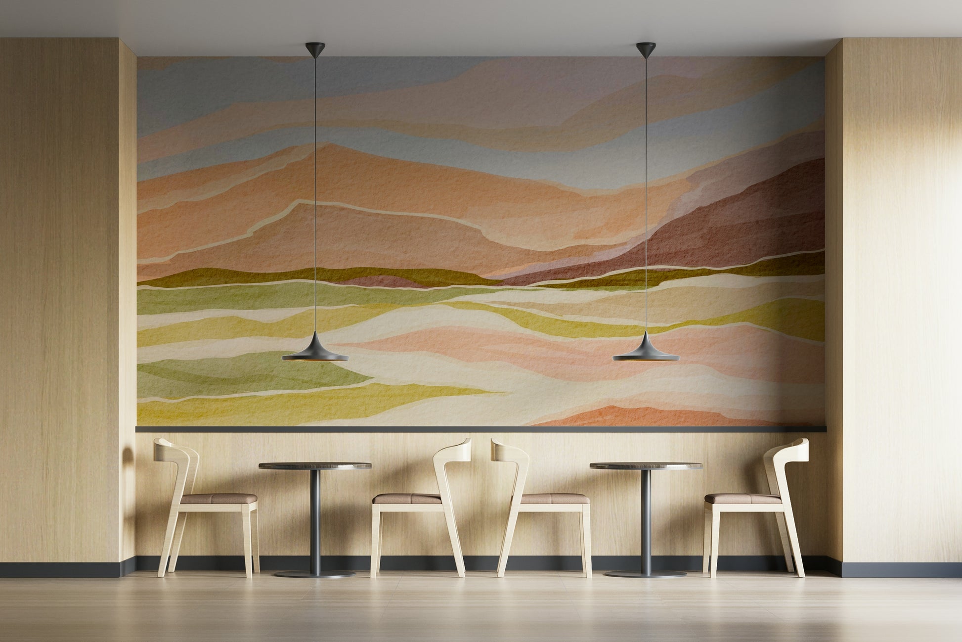 Serene Sunset Landscape wall mural on living room wall

