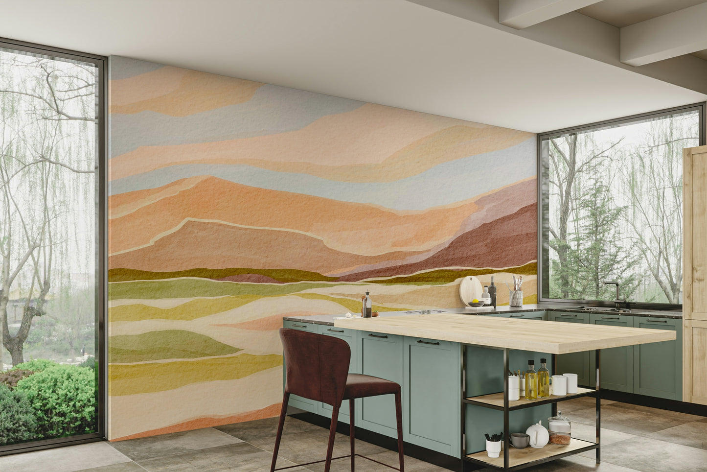 Living room accent with serene natural wallpaper

