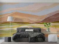 Bedroom decorated with sunset landscape mural

