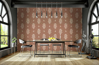 Living room accent with warm floral wallpaper

