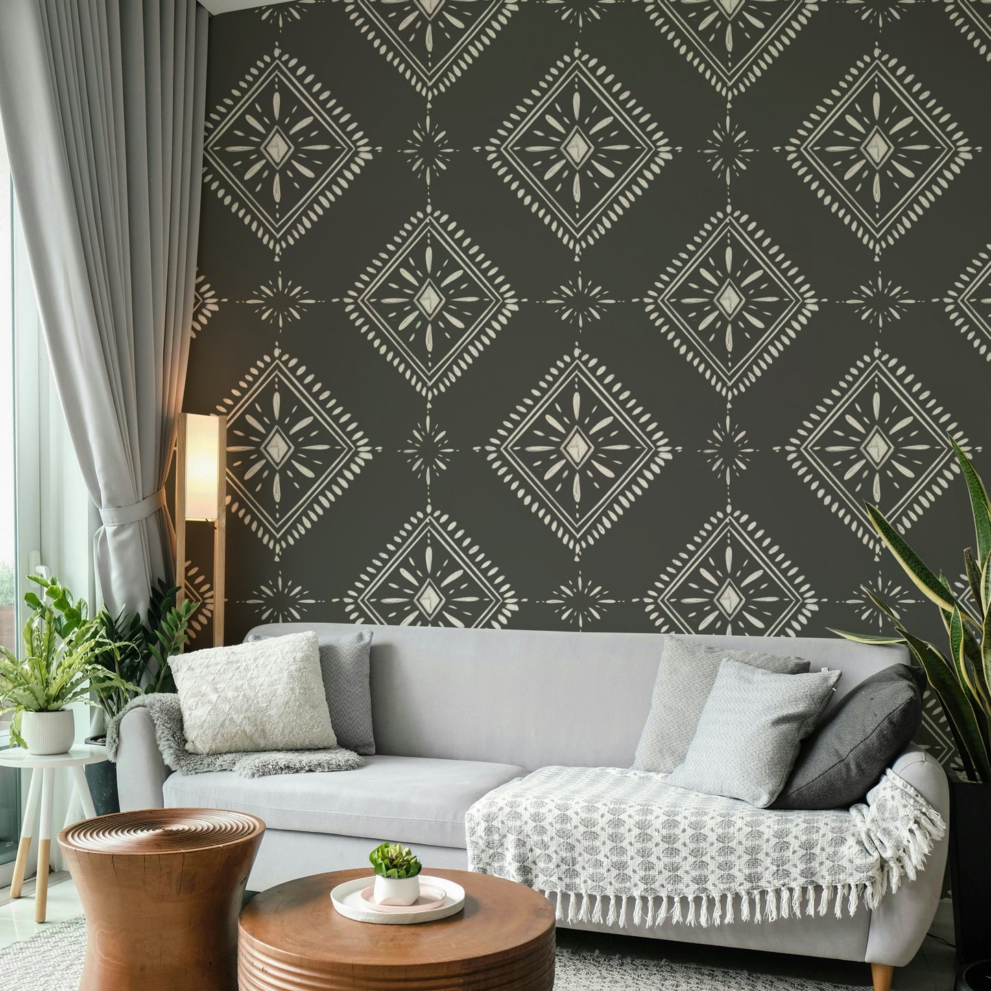 Charcoal Chic Diamonds wallpaper on living room wall


