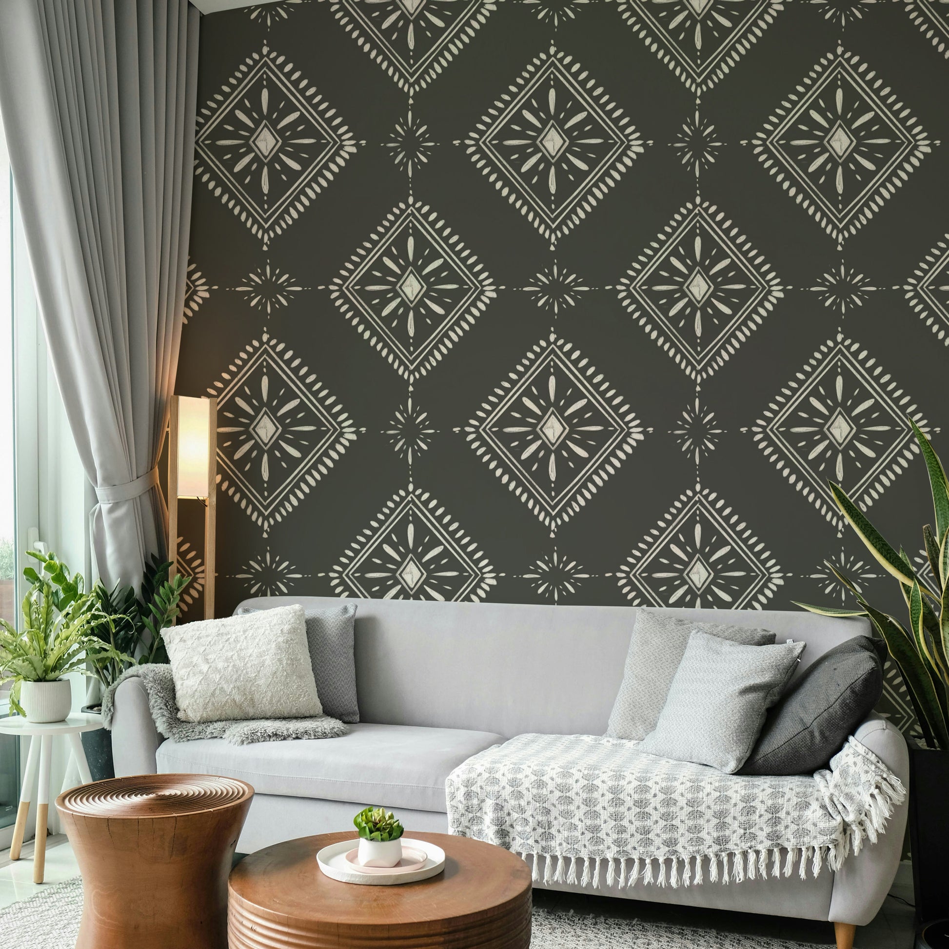 Charcoal Chic Diamonds wallpaper on living room wall

