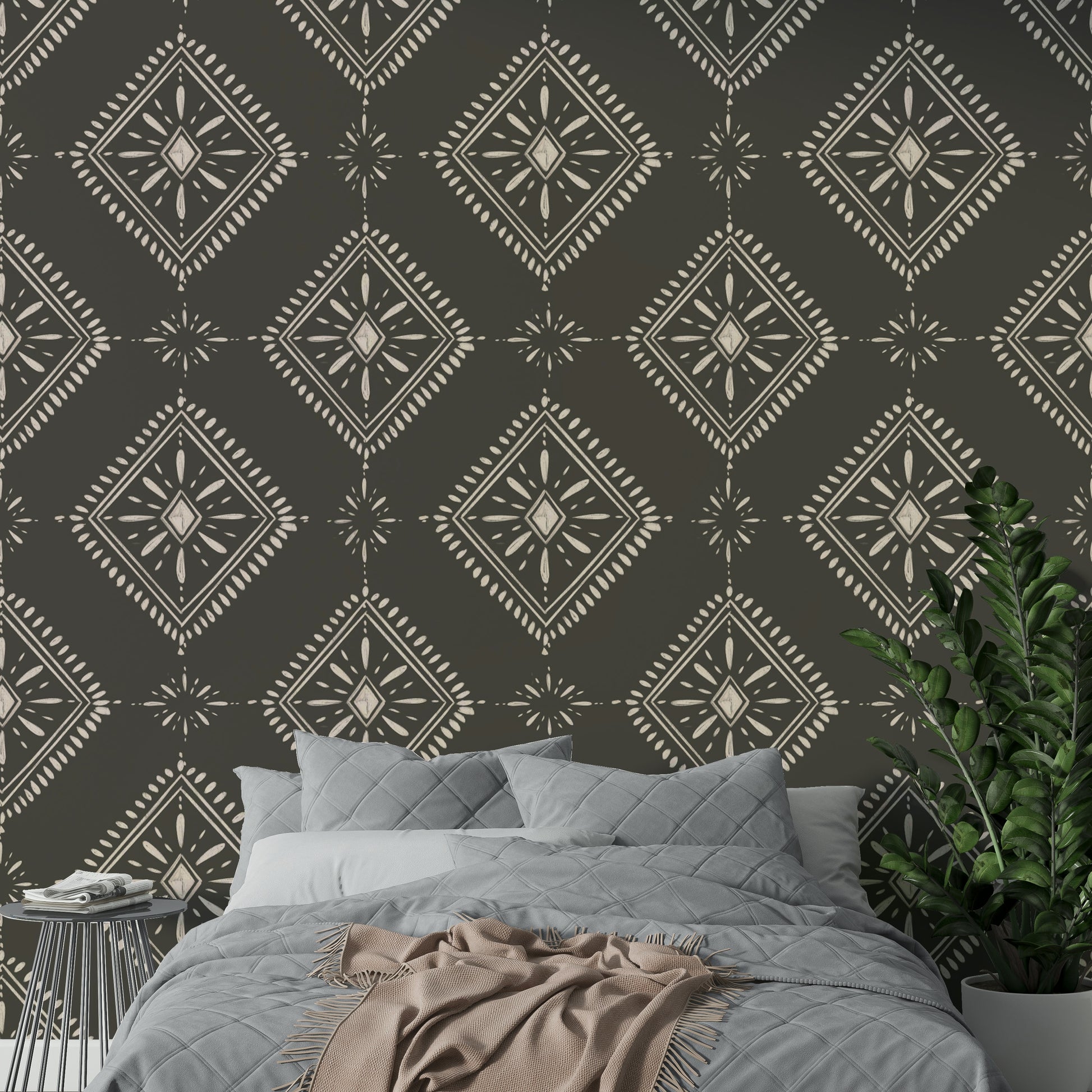 Office wall with modern diamond pattern wallpaper

