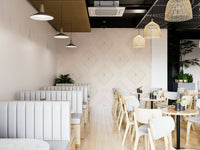 Office wall with calm diamond pattern wallpaper

