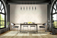 Living room accent with soft diamond wallpaper

