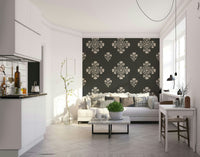 Wallcovering featuring modern folk floral motifs

