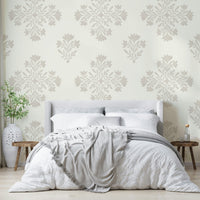 Bedroom decorated with botanical damask wallpaper


