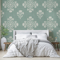Bedroom decorated with botanical wallpaper

